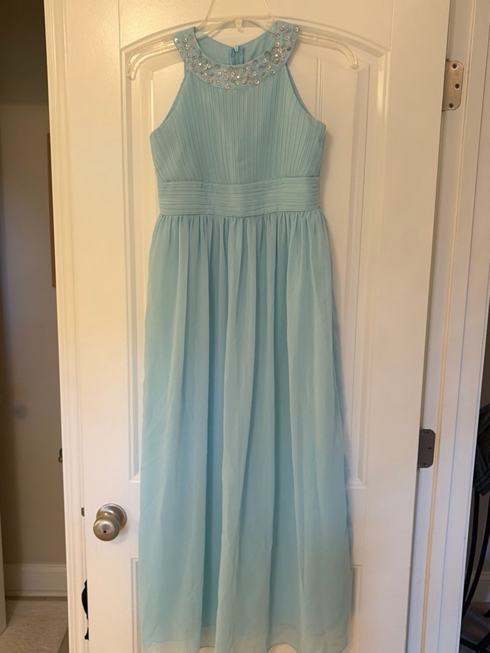 Girls' Light Blue Beaded Neckline Maxi Dress